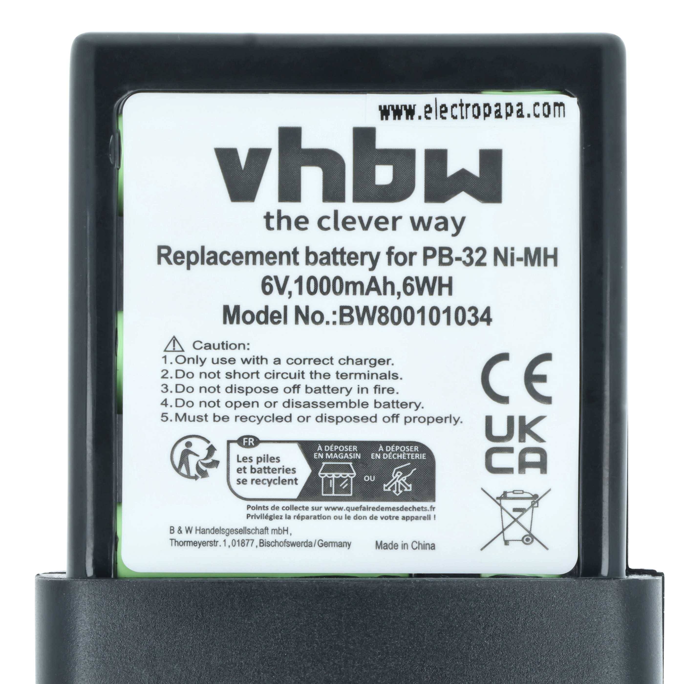VHBW Ersatzakku für PB-32 Ni-MH, 6V, 1000mAh, 6Wh. Modell-Nr.: BW800101034. Warnhinweise: Nicht recycelbar, mit Vorsicht handhaben.