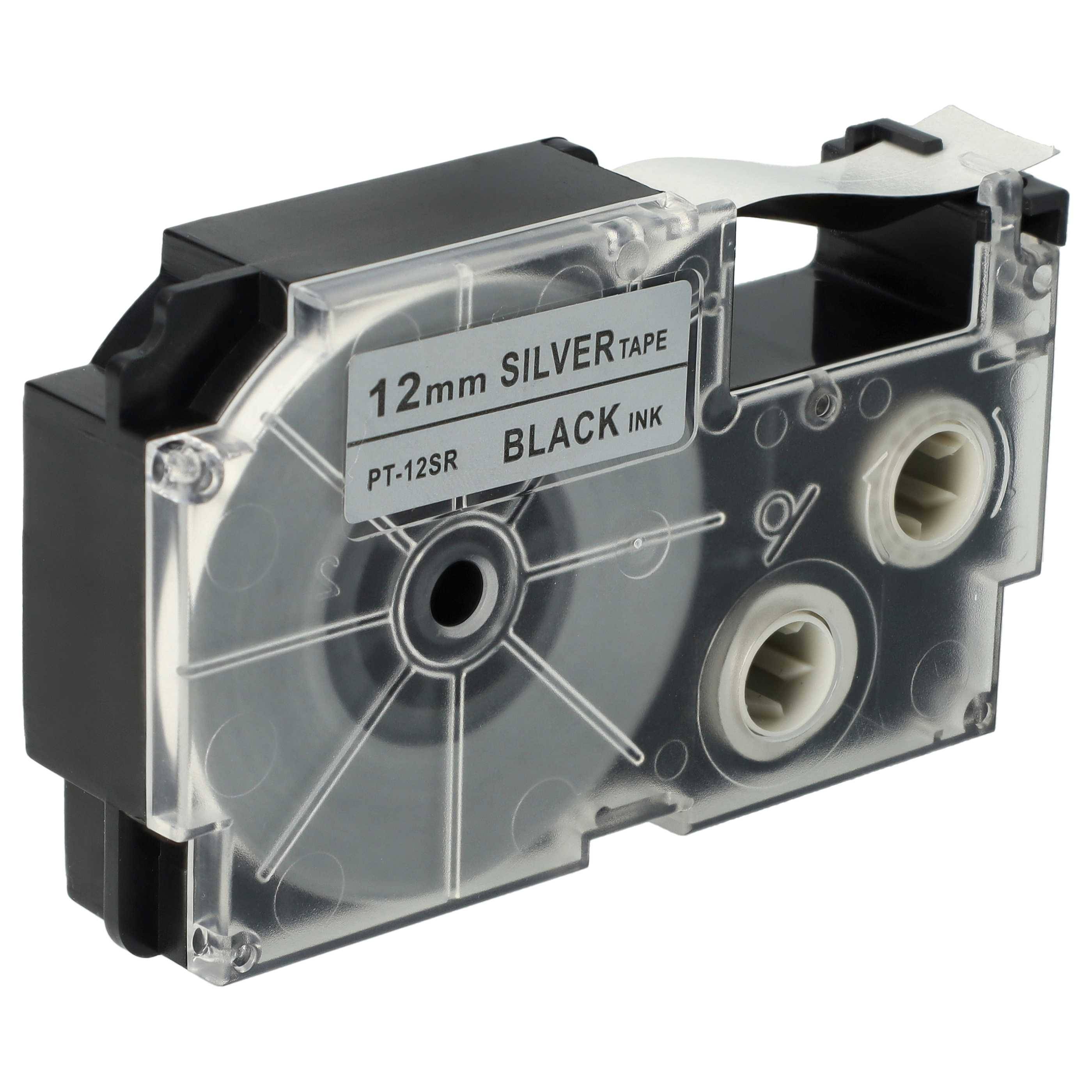 vhbw Schriftband-Kassette kompatibel mit Casio KL-C500, KL-8200, KL-P1000, KL-HD1, KL-G2 Etiketten-Drucker 8m x 12mm Schwarz auf Silber