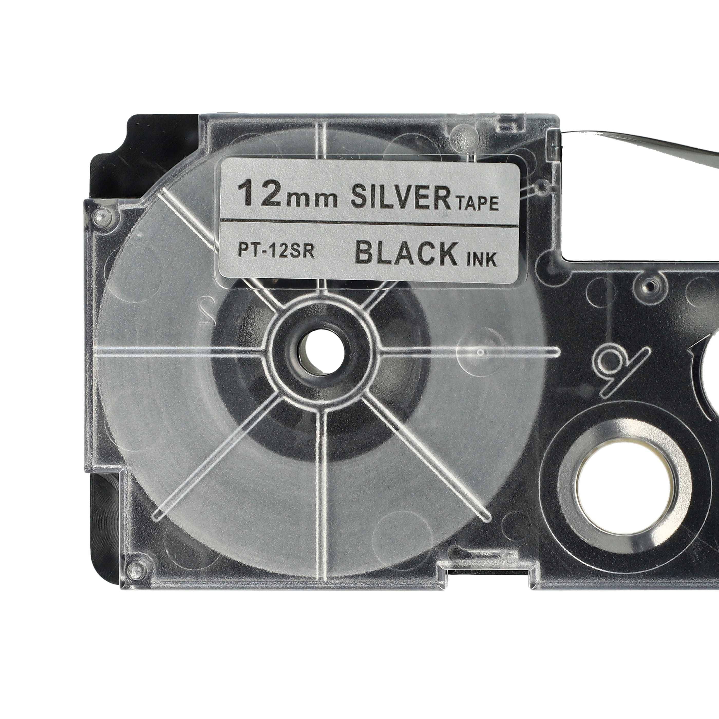 vhbw Schriftband-Kassette kompatibel mit Casio KL-750E, KL-8100, KL-7400, KL-820, KL-780, KL-7200 Etiketten-Drucker 8m x 12mm Schwarz auf Silber