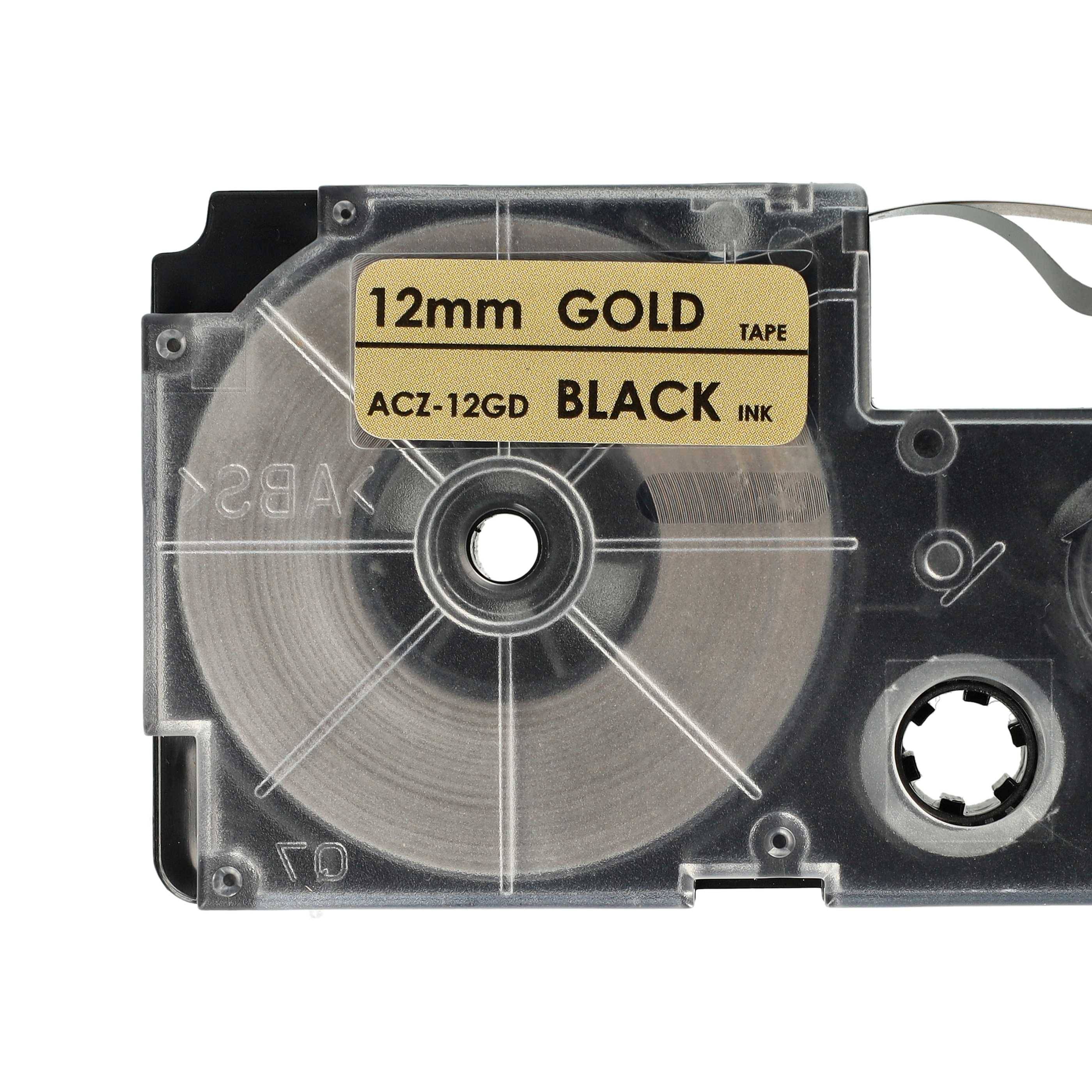 vhbw Schriftband-Kassette kompatibel mit Casio KL-200, KL-130, KL-100E, KL-120, KL-1500, CW-L300 Etiketten-Drucker 8m x 12mm Schwarz auf Gold