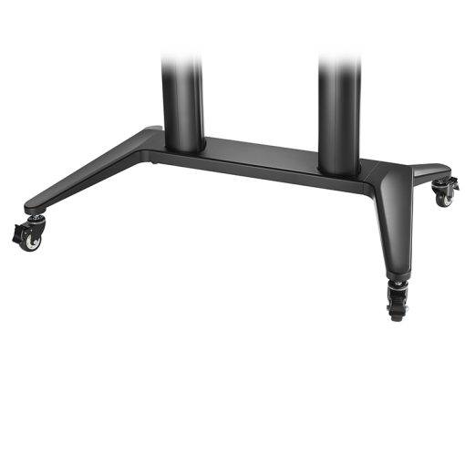 Schwarze Metall-TV-Ständer-Basis mit vier Lenkrollen und zwei vertikalen Befestigungsstangen.