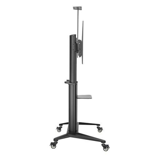 Mobiler TV-Halter auf einem Fahrgestell mit verstellbarem vertikalem Ständer und Bildschirmhalterung zum Halten eines Flachbildschirms.