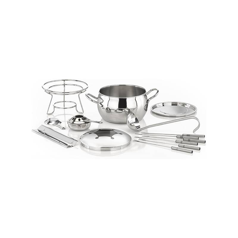 Edelstahl-Fondue-Set mit Topf, Ständer, Brenner und sechs Gabeln, ordentlich angeordnet und das komplette Set zur Fondue-Zubereitung präsentierend.