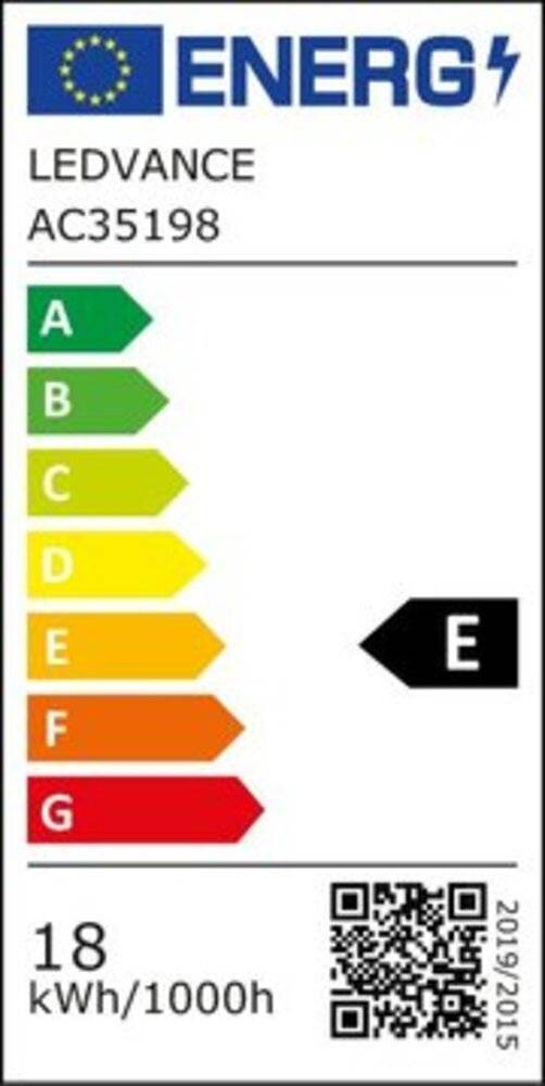 Energieeffizienz-Etikett von A (grün, am effizientesten) bis G (rot, am wenigsten effizient) mit einer hervorgehobenen 'E'-Bewertung