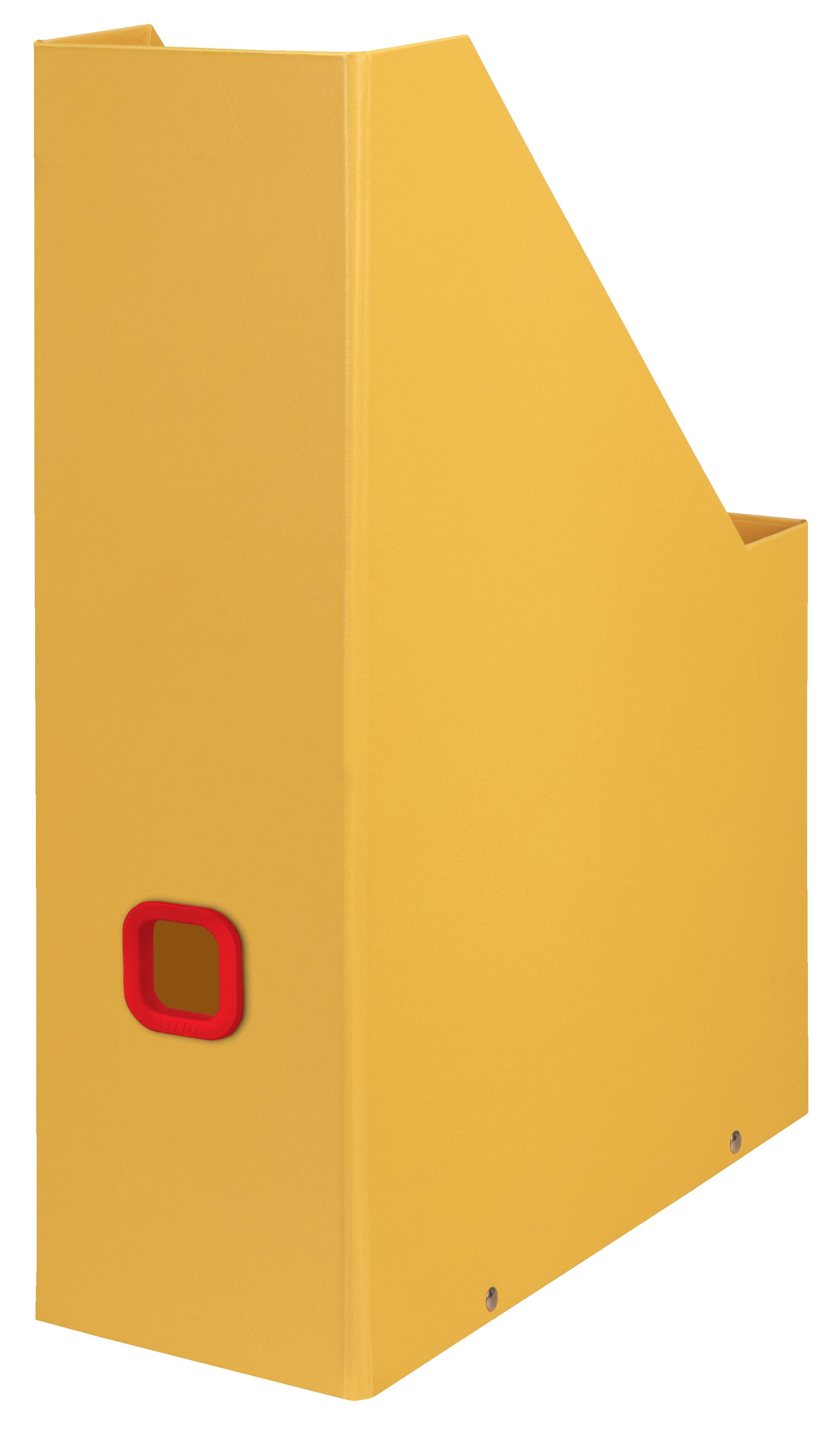 Gelbe Aktenaufbewahrungsbox mit rotem Etikettenhalter auf dem Rücken, von der Seite auf weißem Hintergrund abgebildet.