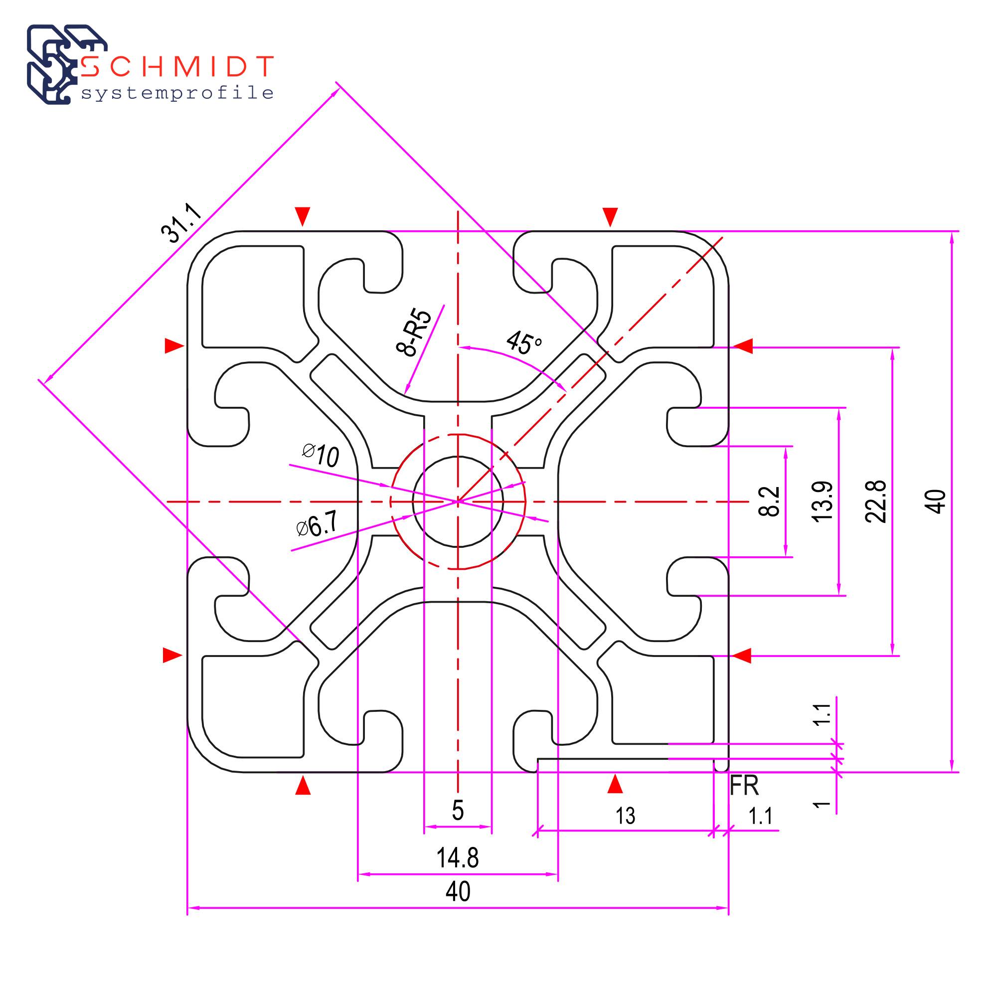 SCHMIDT systemprofile 2000mm Aluminium Profil 40x40mm Nut 8 Maßbandprofil eloxiert 4040 Alu Konstruktionsprofil Aluprofil 2m
