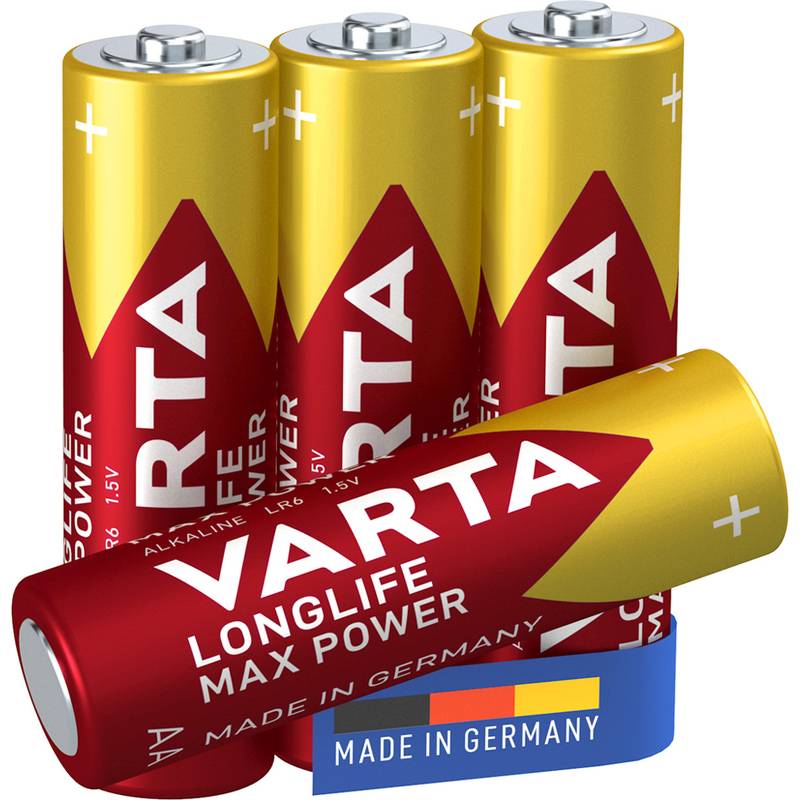 Vier Varta Longlife Max Power AA-Batterien, mit dem Aufdruck 'Made in Germany', angeordnet mit einer Batterie, die vor den anderen liegt.