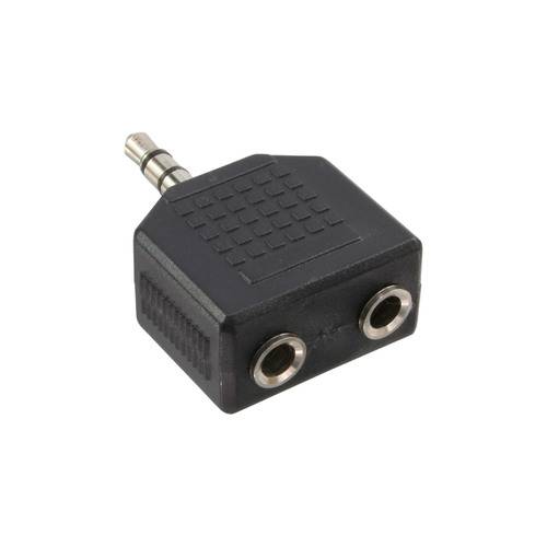 Ein schwarzer Audio-Adapter mit einem Stecker und zwei Buchsen zum Aufteilen von Audiosignalen.