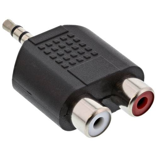 Ein schwarzer Audioadapter mit einem 3,5-mm-Stecker und zwei RCA-Buchsen, eine rot und eine weiß, für Stereo-Soundverbindung.