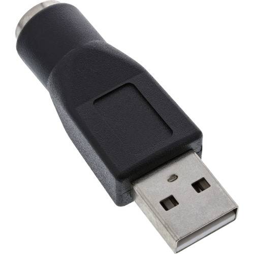 Ein USB-zu-PS/2-Adapter mit einem USB-Typ-A-Stecker und einer PS/2-Buchse, verwendet zum Anschließen von PS/2-Geräten an USB-Anschlüsse.