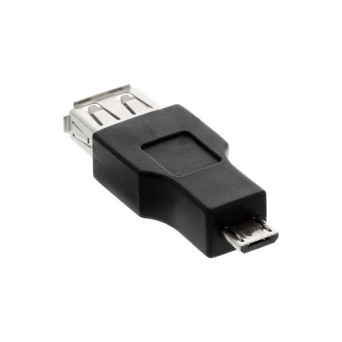 Ein schwarzer USB-zu-Micro-USB-Adapter mit sichtbaren Anschlüssen an beiden Enden, verwendet zum Verbinden von Geräten mit unterschiedlichen USB-Anschlüssen.