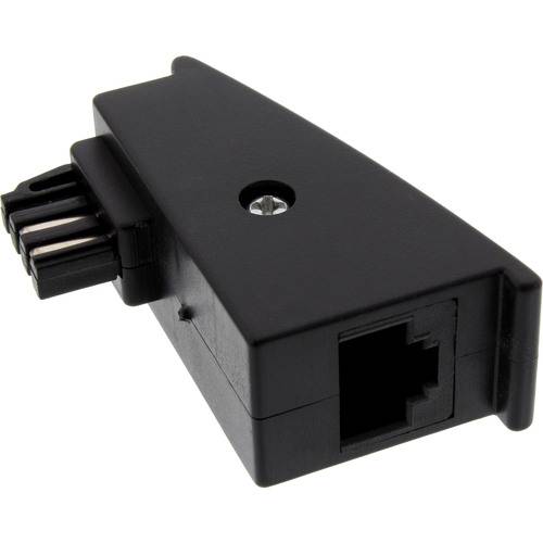 Ein schwarzer RJ12-Inline-Koppler-Adapter mit Anschlüssen für Telefon- oder Netzwerkverbindungen, der zum Verbinden von Telefonkabeln oder Verlängerungsleitungen verwendet wird.
