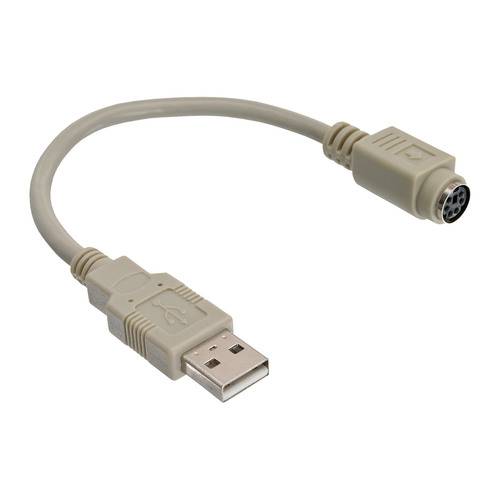 Ein weißes USB-zu-PS/2-Adapterkabel mit einem USB-Stecker (Stecker) auf der einen Seite und einem PS/2-Anschluss (Buchse) auf der anderen Seite.