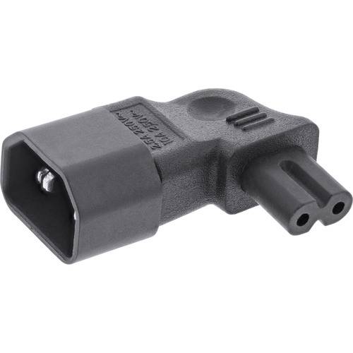 Ein schwarzer Stromanschlussadapter mit einem IEC-60320-C14-Stecker auf der einen Seite und einem C7-Buchsenkonnektor auf der anderen Seite, verwendet für Stromverbindungen.