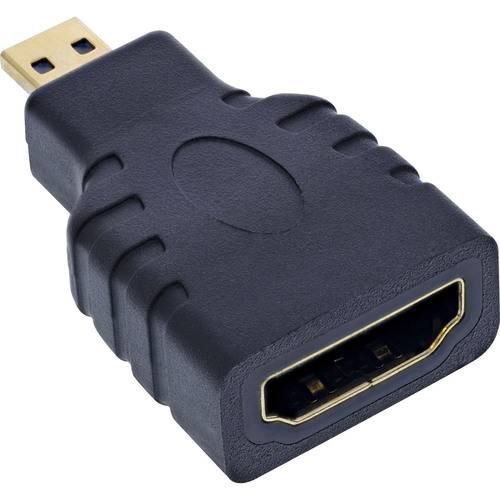 Ein schwarzer HDMI-Adapter mit einem männlichen Micro-HDMI-Anschluss an einem Ende und einem weiblichen Standard-HDMI-Anschluss am anderen Ende.