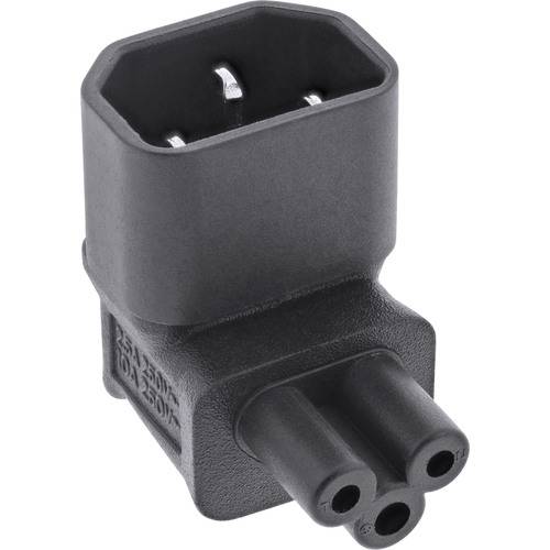Ein schwarzer Stromadapter mit einer dreipoligen Buchse oben und einem dreibochigen Stecker unten, entwickelt zur Umwandlung von Steckertypen.