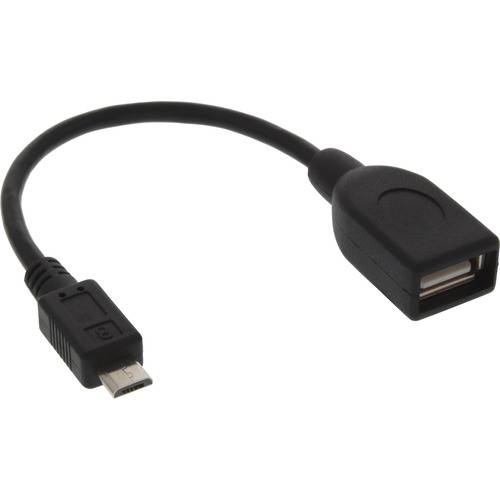 Ein schwarzes USB-Adapterkabel mit einem Micro-USB-Stecker an einem Ende und einem USB-A-Buchse am anderen Ende, das zum Verbinden von Geräten verwendet wird.