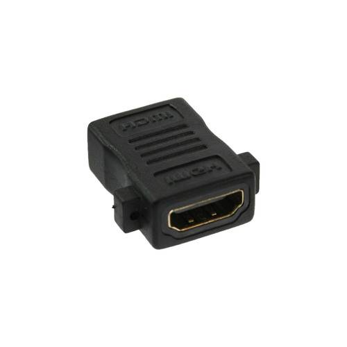 Ein schwarzer HDMI-Kupplungsadapter mit Buchse, der zum Verbinden zweier HDMI-Kabel verwendet wird, um deren Länge zu verlängern oder Geräte miteinander zu verbinden.