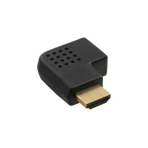 Ein schwarzer HDMI-Winkeladapter mit vergoldeten Anschlüssen.