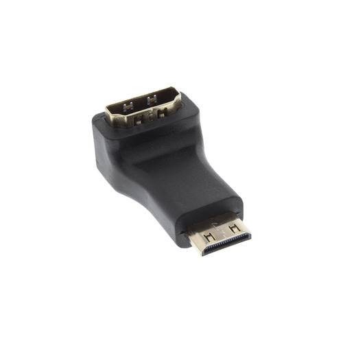 Ein schwarzer HDMI-zu-Mini-HDMI-Adapter mit kompaktem Design, geeignet zum Verbinden von Geräten mit Mini-HDMI-Anschlüssen mit Standard-HDMI-Kabeln.