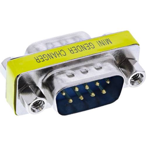 Ein Mini-Geschlechtswechsel-Adapter mit gelbem Etikett, mit Metallgehäuse und 9-poligen Anschlüssen, verwendet zum Umwandeln von Verbindungen.