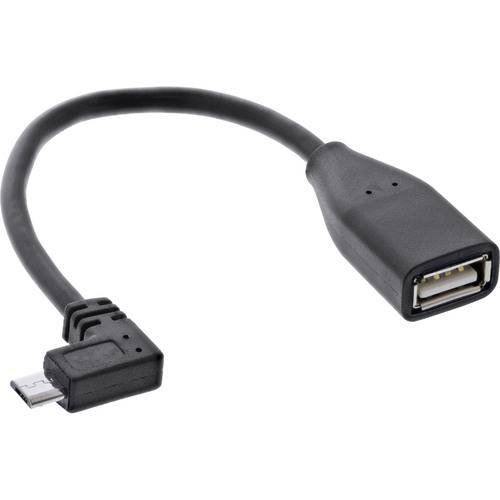 Ein schwarzes Adapterkabel mit einem Micro-USB-Stecker auf der einen Seite und einem USB-Buchse auf der anderen Seite, das zum Verbinden von Geräten verwendet wird.