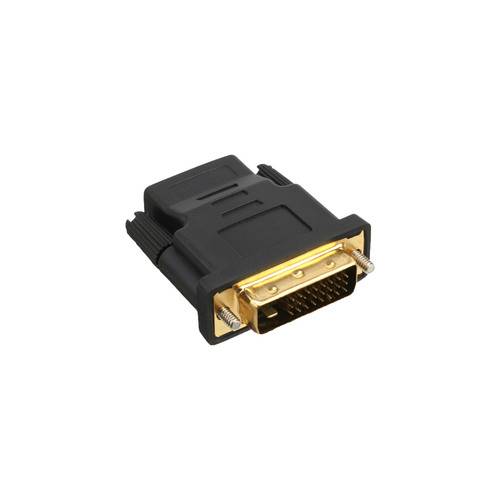 Ein schwarzer und goldener DVI-zu-HDMI-Adapter zur Verbindung von digitalen Videogeräten mit DVI-Anschluss und HDMI-Kompatibilität.