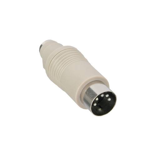 Ein 5-poliger DIN-Stecker mit rundem Metallgehäuse und elfenbeinfarben getönetem Kunststoffdeckel, typischerweise für Audio- und MIDI-Ausrüstung verwendet.