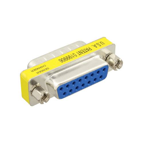 Ein beige und blauer 25-poliger D-Sub-Stecker mit einem gelben Etikett, auf dem U.S.A. Patent 5199906 vermerkt ist, mit silbernen Schrauben auf beiden Seiten.