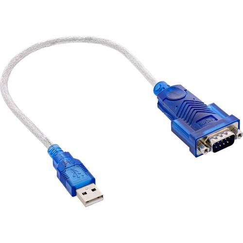 Ein blauer USB-zu-Seriell-Adapterkabel mit einem USB-Anschluss an einem Ende und einem 9-poligen Serienport am anderen Ende, verwendet zum Verbinden von Geräten.