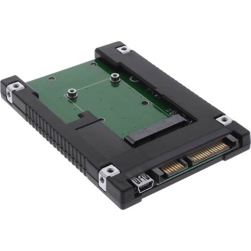 Ein SSD-Adapter mit SATA-Schnittstelle, schwarzem Gehäuse und Montageklammer zum Anschließen eines mSATA-Laufwerks an einen Standard-SATA-Anschluss.