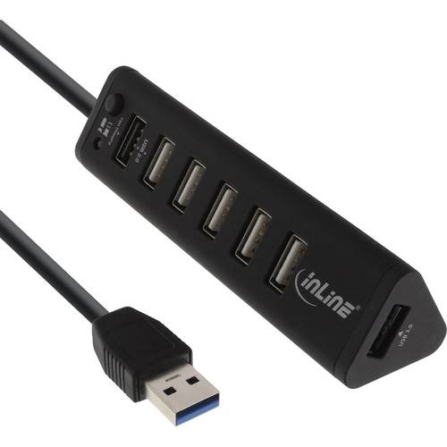 Ein schwarzer USB-Hub mit sieben Anschlüssen und einem USB 3.0-Kabel; umfasst mehrere USB 2.0- und 3.0-Anschlüsse zum Anschließen verschiedener Geräte.