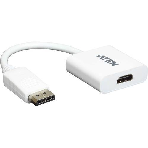 DisplayPort-zu-HDMI-Adapter mit einem kurzen weißen Kabel und Anschlüssen, die mit dem Markennamen beschriftet sind.