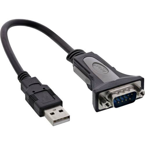 Ein USB-zu-RS232-Seriellport-Adapterkabel mit einem USB-Stecker auf der einen Seite und einem 9-poligen Seriellstecker auf der anderen Seite.