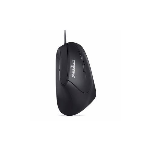 Eine schwarze ergonomische Computermaus mit Kabel, mit zwei Tasten und einem Scrollrad.