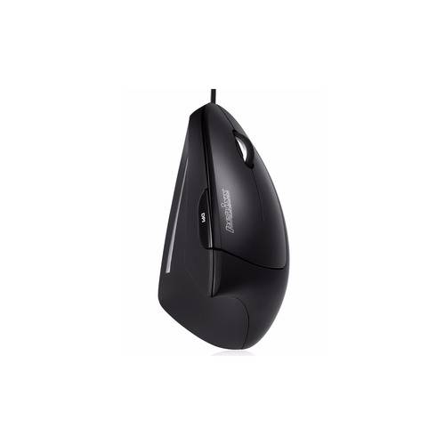 Ergonomische vertikale Computermaus mit schlankem schwarzem Design und USB-Verbindung, entwickelt zur Reduzierung von Handgelenkbelastung bei längerer Nutzung.