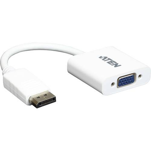Ein weißer DisplayPort-zu-VGA-Adapter mit einem kurzen Kabel, der zum Anschluss von Geräten an VGA-Monitore verwendet wird.