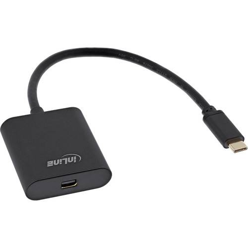 Ein schwarzer USB-C-auf-HDMI-Adapter mit kurzem Kabel, der verwendet wird, um Geräte mit USB-C-Anschlüssen mit HDMI-Displays für die Videoausgabe zu verbinden.