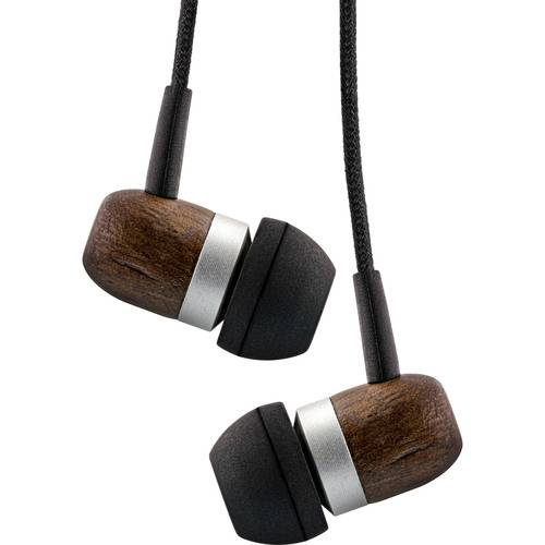 In-Ear-Ohrhörer aus Holz mit Silberapplikationen, mit schwarzen Ohrstöpseln und Flachbandkabel.