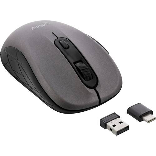 Kabellose Computermaus mit USB-Empfänger und USB-C-Adapter, grau, mit Seitentasten und Scrollrad, zur Verwendung mit Laptops oder PCs.