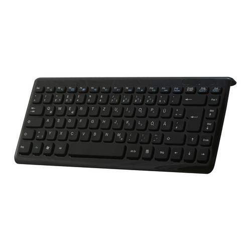Eine schwarze kabellose Tastatur mit standardmäßigem QWERTY-Layout, einschließlich Funktionstasten und einem Bluetooth-Symbol, leicht nach rechts geneigt.