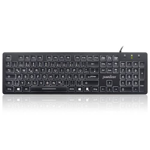 Eine schwarze Computertastatur mit weißen Buchstaben, ausgestattet mit Funktionstasten, einem Ziffernblock und Anzeigelampen oben rechts.