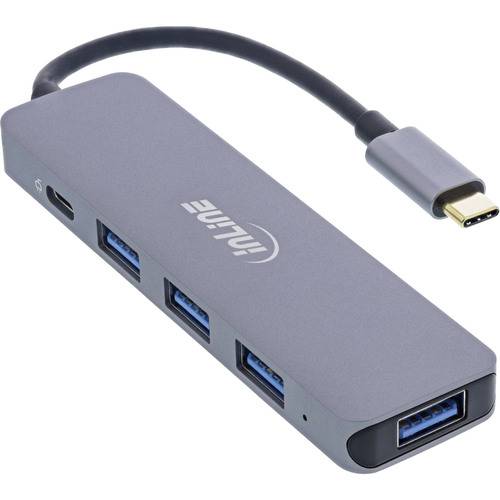 Ein USB-C-Hub mit drei USB-A-Anschlüssen und einem USB-C-Anschluss, der zur Erweiterung der Konnektivitätsoptionen von Geräten verwendet wird.