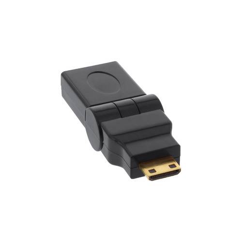 Ein schwarzer HDMI-Adapter mit flexiblem, gelenkigem Anschluss ermöglicht mehrere Winkeleinstellungen zum Verbinden von Geräten.