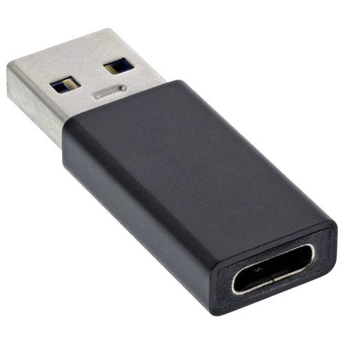 Ein schwarzer USB-Adapter mit einem USB-Typ-A-Stecker auf der einen Seite und einem USB-C-Anschluss auf der anderen Seite, der zum Verbinden von USB-C-Geräten mit USB-A-Anschlüssen verwendet wird.