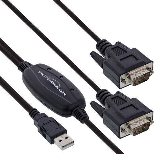 Ein USB-zu-RS232-Kabel mit einem USB-Stecker auf der einen Seite und zwei RS232-Steckverbindungen auf der anderen Seite, das zum Verbinden von RS232-Geräten mit einem USB-Anschluss verwendet wird.