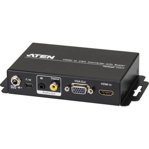 ATEN HDMI zu VGA Konverter mit Scaler, mit HDMI-Eingang, VGA-Ausgang, koaxialem Audioausgang und LED-Indikatoren für Stromversorgung und Signal.