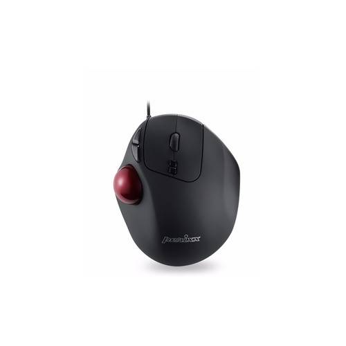 Eine schwarze ergonomische Trackball-Maus mit rotem Ball und zwei Tasten, entwickelt für Handkomfort und präzise Steuerung.