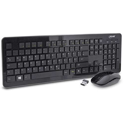 Ein elegantes schwarzes kabelloses Tastatur- und Mausset mit USB-Empfänger, das für ergonomische Nutzung konzipiert ist.