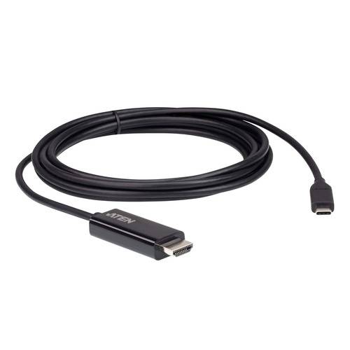 Ein schwarzes USB-C-auf-HDMI-Kabel aufgerollt, das beide Anschlüsse zeigt, verwendet zum Verbinden von Geräten wie Laptops mit Displays oder Fernsehgeräten.